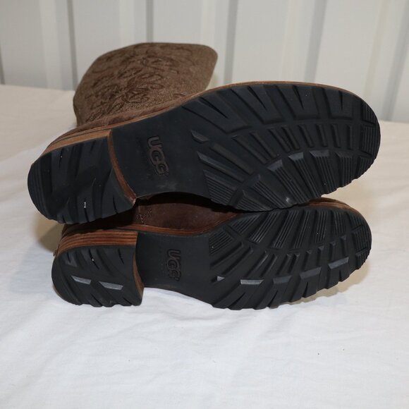 UGG Womens Ryder Tall Boots Embroidered Top Suede Sheepskin Size 9 Dark Brown - Picture 5 of 10